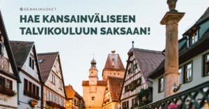 Tekstissä lukee: Hae kansainväliseen talvikouluun saksaan! Kiva kuva, missä piparkakkutalon näköisiä rakennuksia saksassa. Satumaisen näköinen kaupunki.