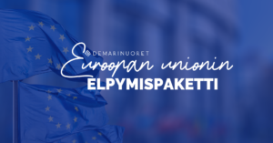 Kuvassa Euroopan Unionin lippujen edessä lukee "Euroopan unionin elpymispaketti"