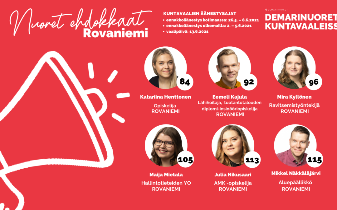 Kuvassa esitellään PSDN:n Rovaniemeläisiä kuntavaaliehdokkaita.