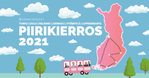 Kuvassa bussi ajaa ympäri suomea ja tekstissä lukee Piirikierros 2021.