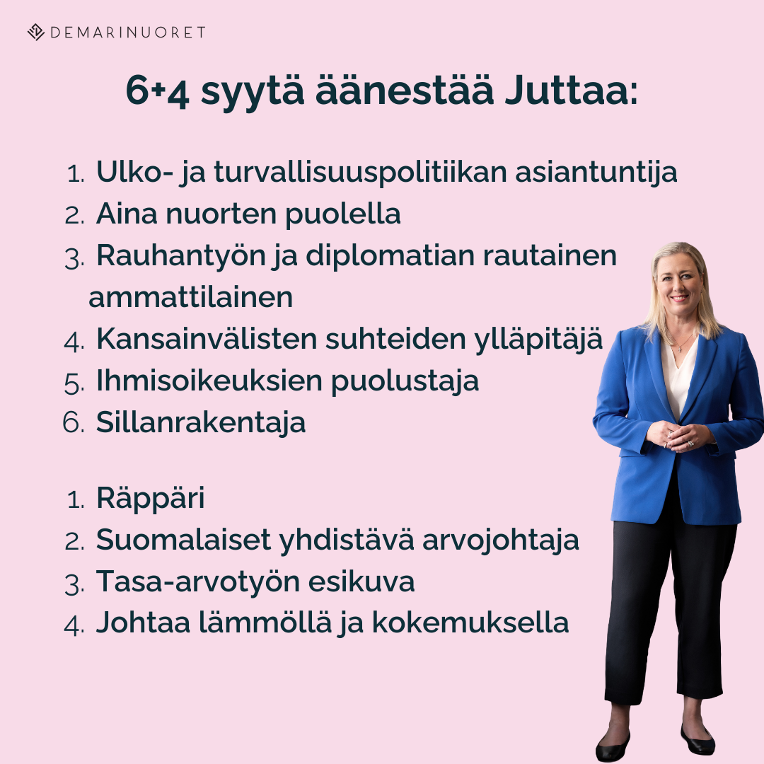 6+4 syytä äänestää Juttaa 1. ulko- ja turvallisuuspolitiikan asiantuntija 2. aina nuorten puolella 3. rauhantyön ja diplomatian rautainen ammattilainen 4. kansainvälisten suhteiden ylläpitäjä 5. ihmisoikeuksien puolustaja 6. sillanrakentaja 1. räppäri 2. suomalaiset yhdistävä arvojohtaja 3. tasa-arvotyön esikuva 4. johtaa lämmöllä ja kokemuksella